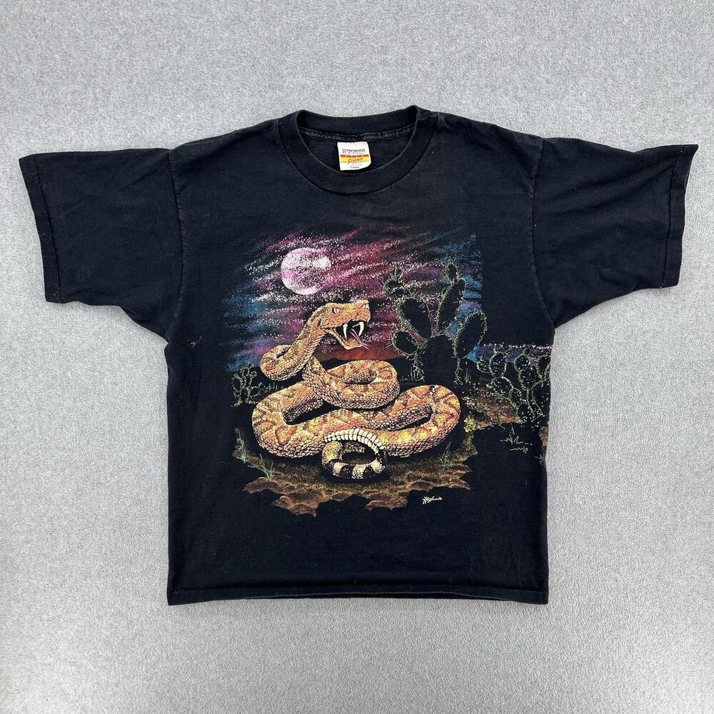 Vintage 90s T Shirt Black Rattlesnake Cactus Puff Print Single Stitch Size Large